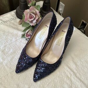 Navy Blue Sequined Heels sz. 11 NWOT
